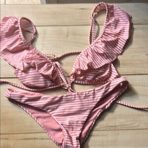 Beach Bunny Striped Pink Ruffle Bikini